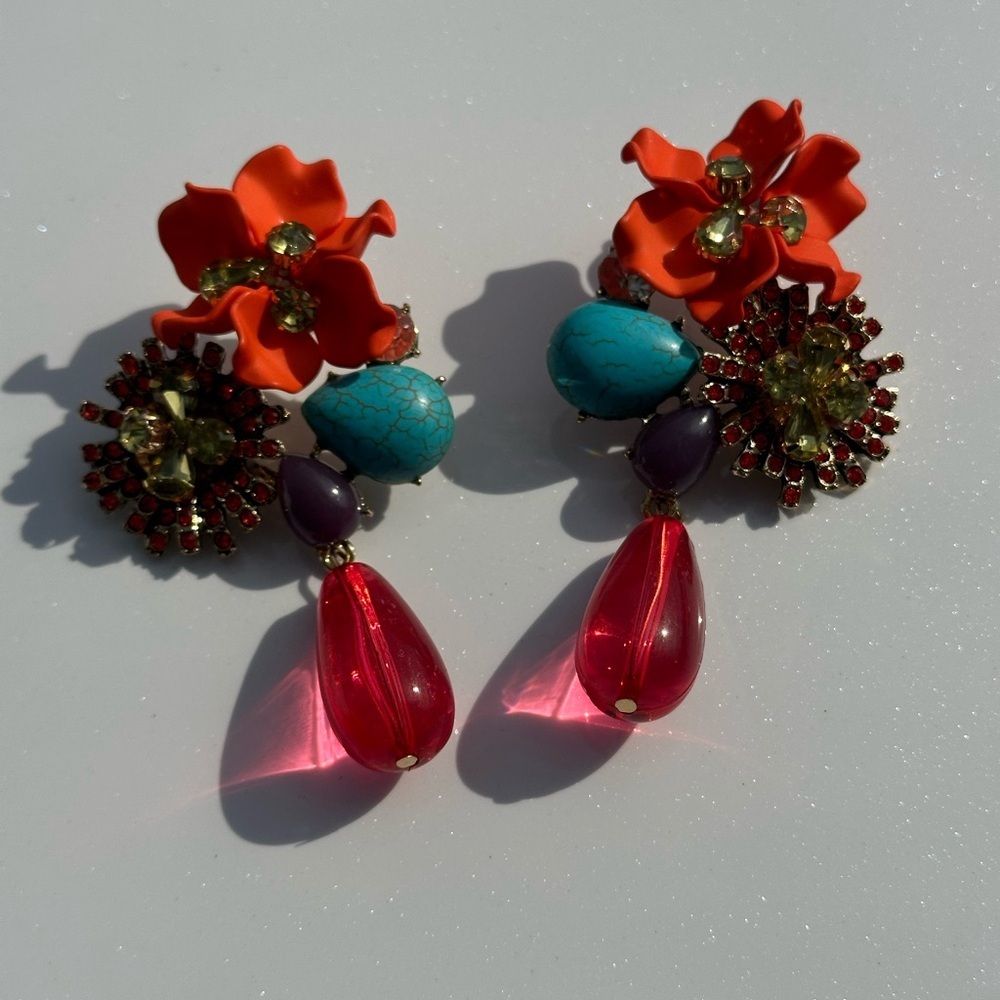 Floral Earrings with Orange and Turquoise